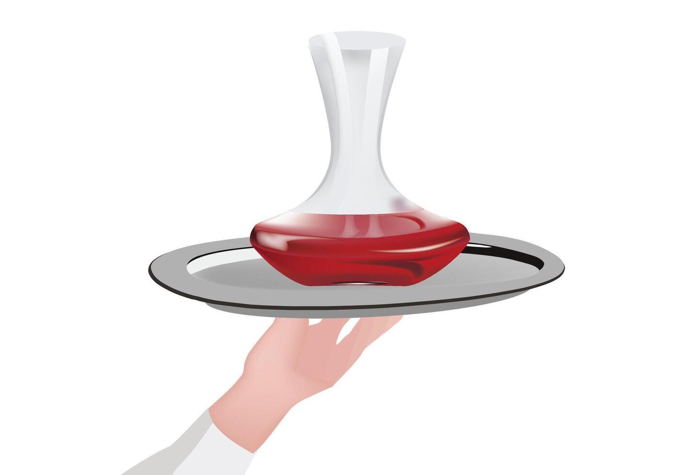 Waiter serving red wine in carafe on tray vector