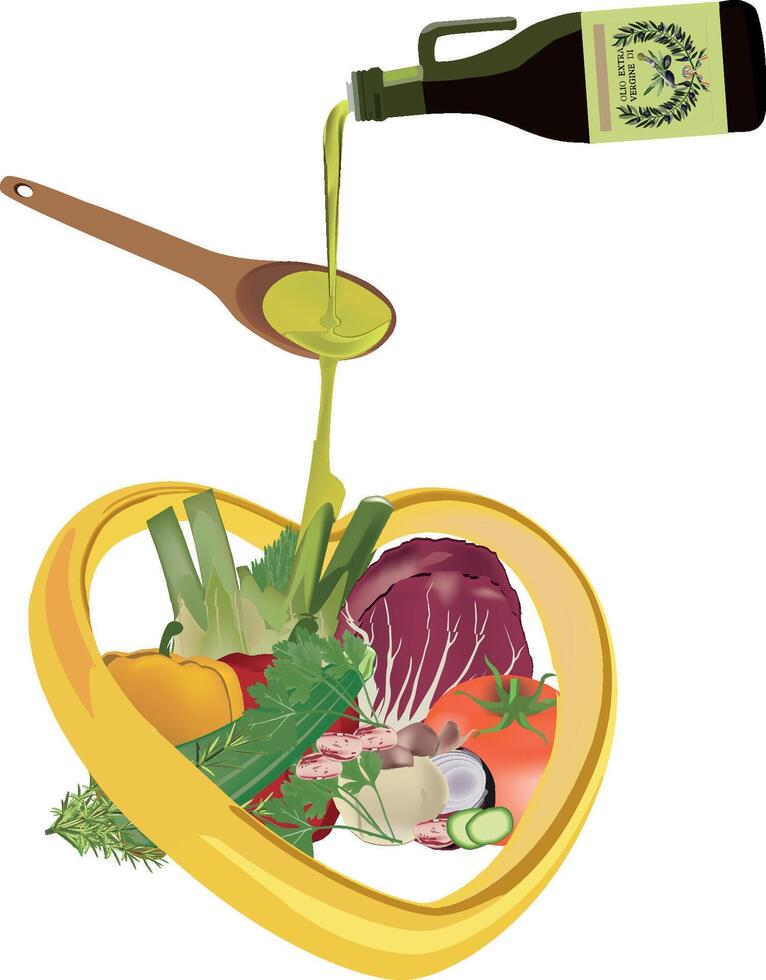 Pouring olive oil on fresh vegetables inside heart shape vector