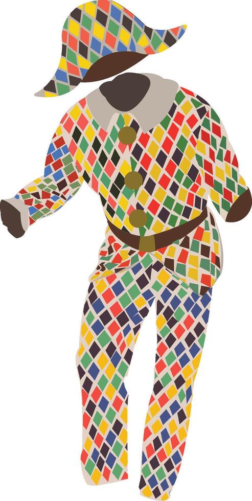 Harlequin costume with colorful diamond pattern standing on white background vector