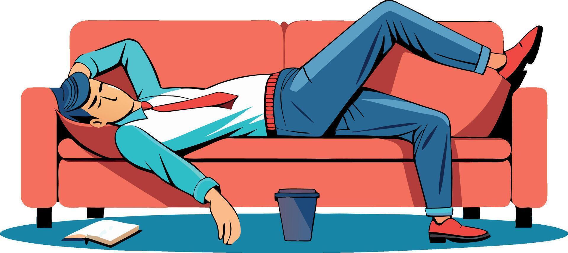 Exhausted businessman sleeping on a sofa after working day vector