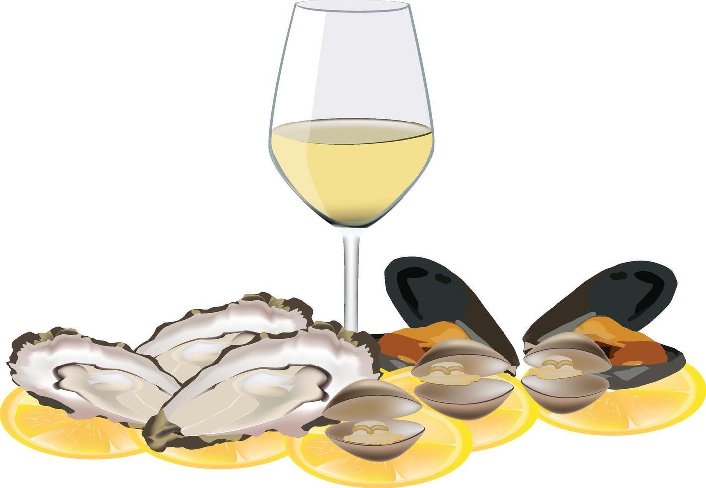 Oysters and mussels served with white wine and lemon slices vector