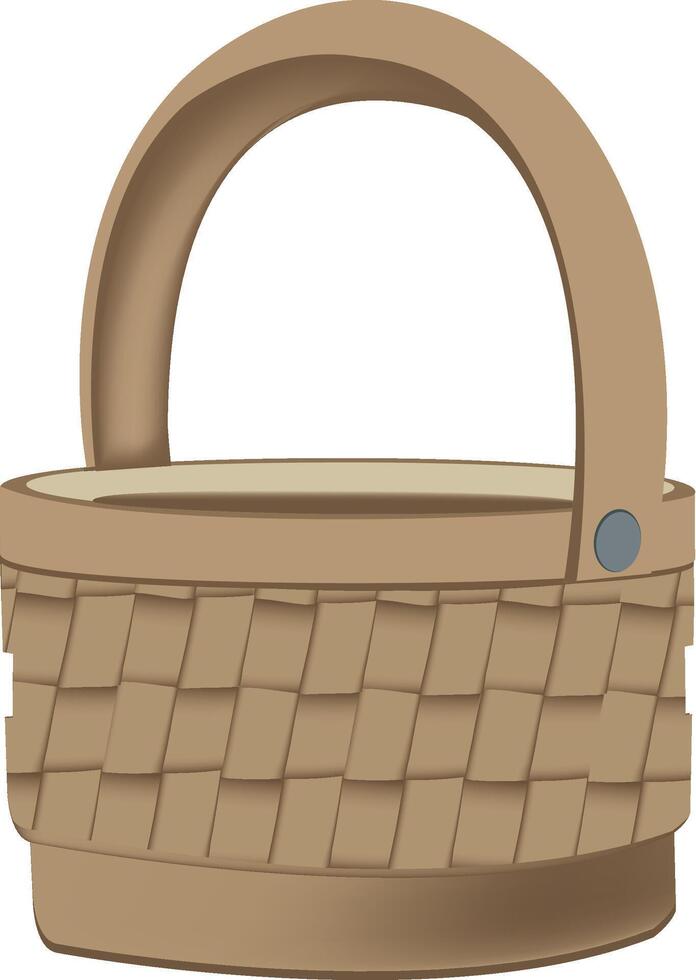 Empty wicker basket standing with curved handle vector