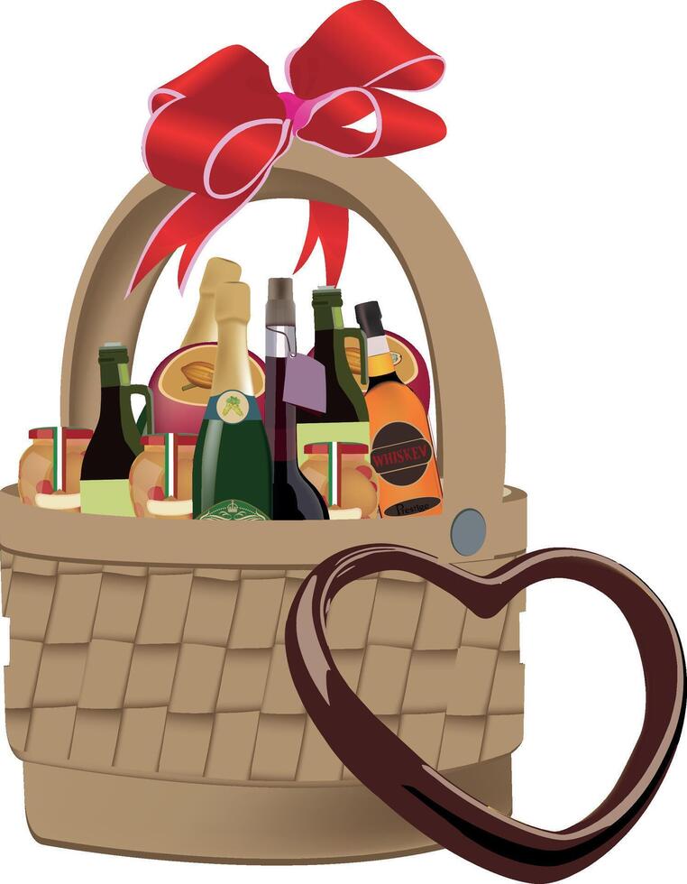 Wicker gift basket decorated with heart and filled with food and drinks vector