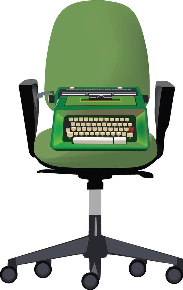 Green typewriter standing on a green office chair vector