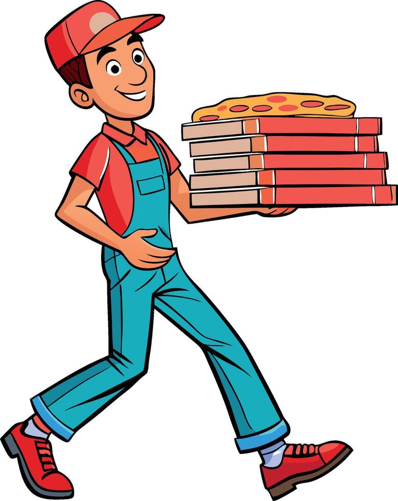Pizza delivery boy walking and holding pizza boxes vector
