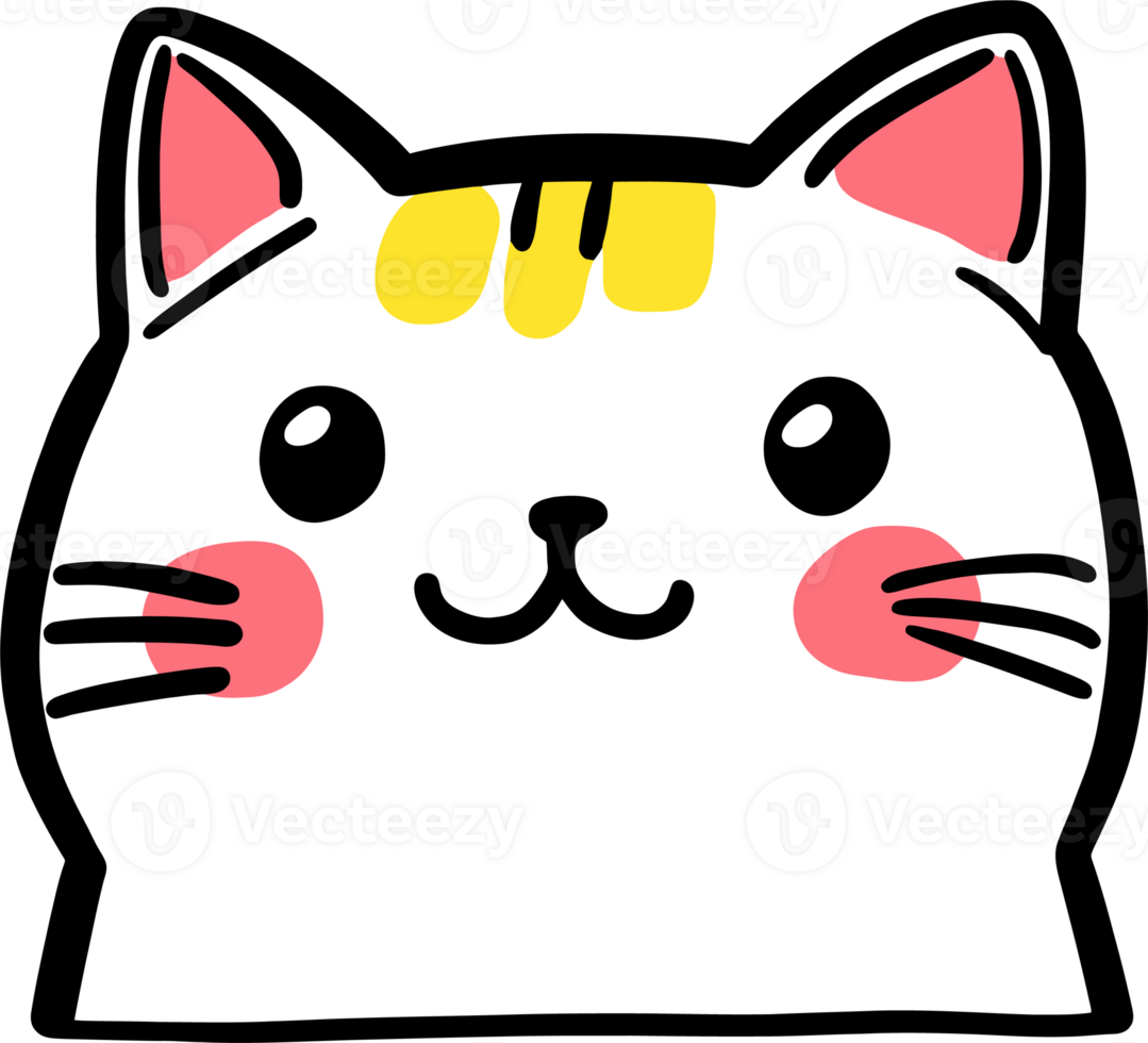 Cute Cartoon Cat Face with Whiskers and Yellow Markings on Ears and Head png