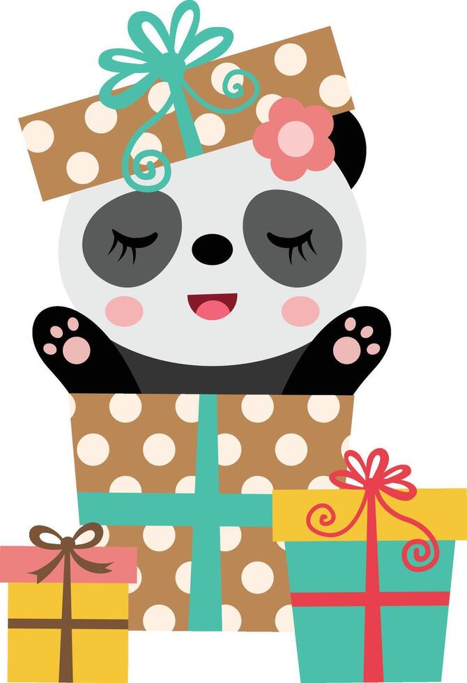Funny panda looks out of a gift box happy birthday vector