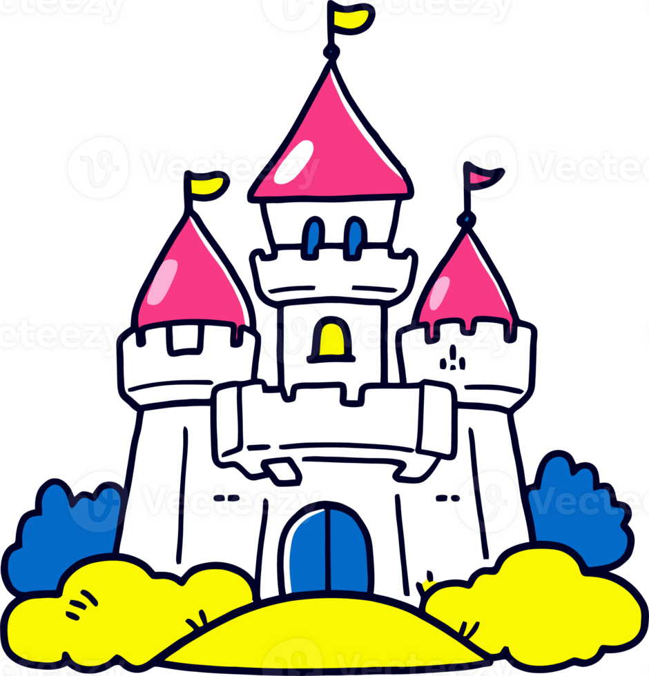 Colorful Fairy Tale Castle with Pink Towers and Yellow Flags Amidst Blue and Yellow Bushes png