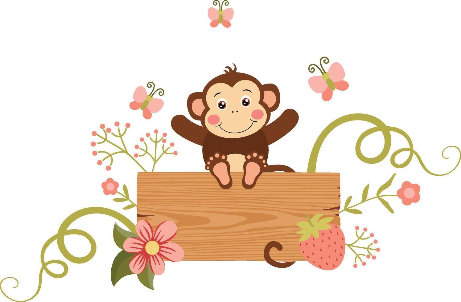 Cute monkey sitting on a spring wooden signboard vector