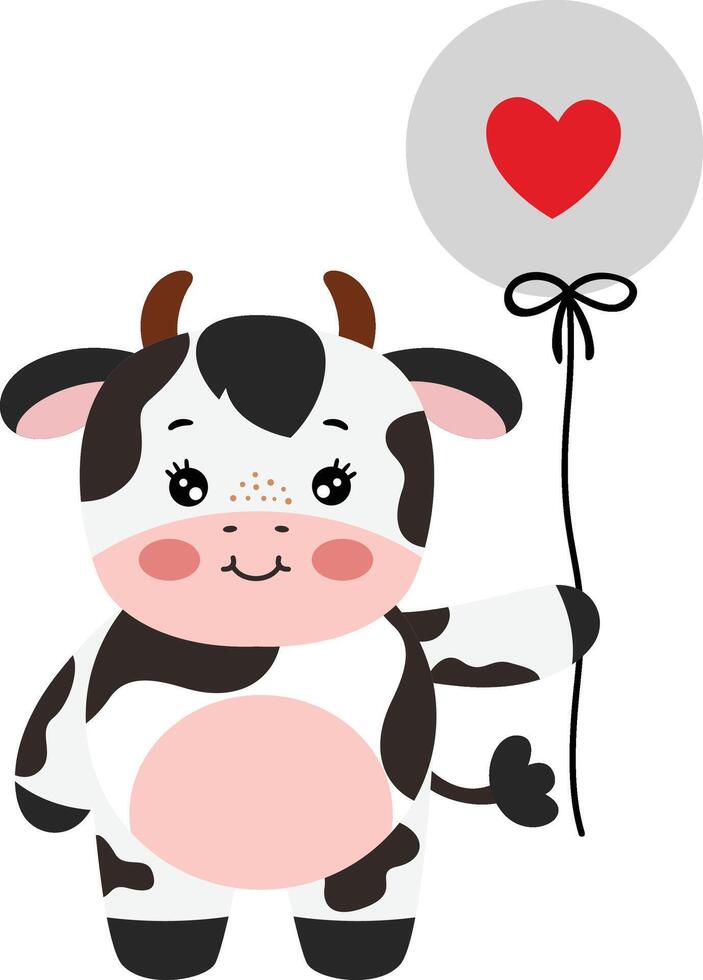 Cute cow holding a balloon with heart vector
