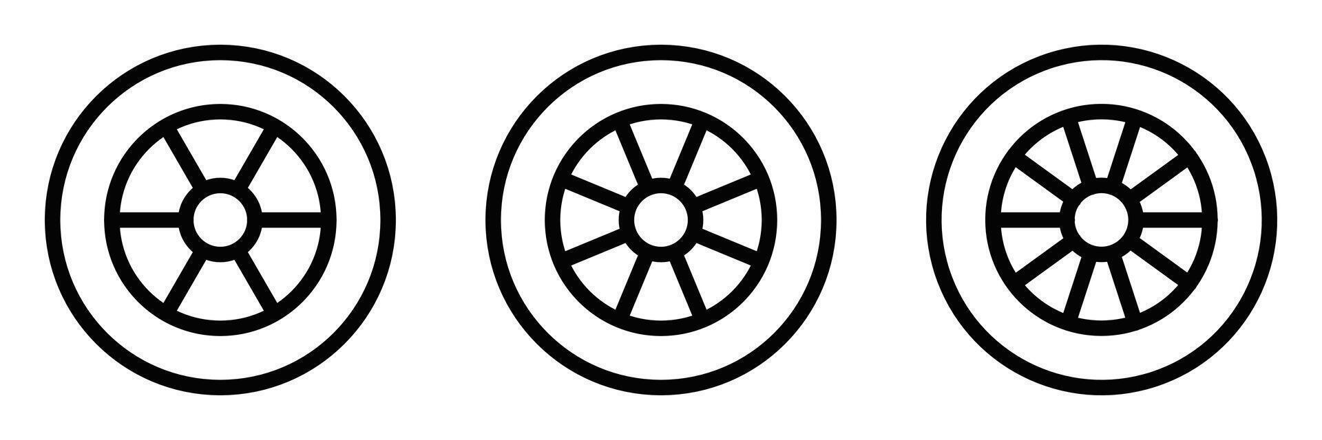 Illustration set of car wheel icons, depicting vehicle parts, tires, or automotive design elements. Editable stroke. vector