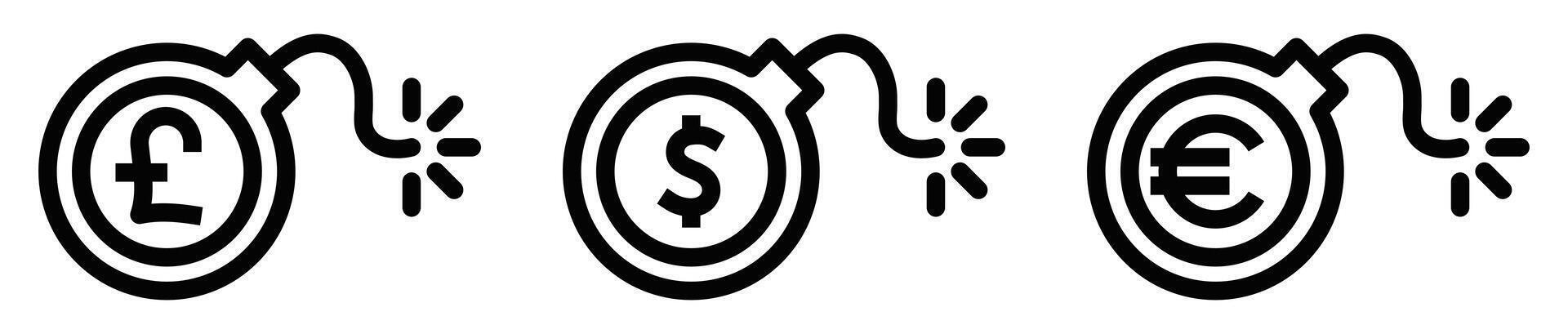 Illustration of currency bomb icons with pound, dollar, and euro symbols, representing financial crisis or risk. Editable stroke. vector