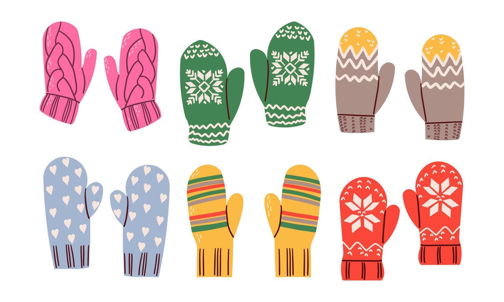 Collection winter mitten isolated on white. Doodle hand drawn set pair of mittens in different colors. Warm cozy elements of clothing. Knitted seasonal accessory vector