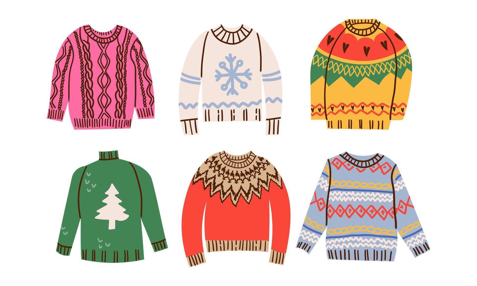 Set of traditional ugly or cute Christmas sweaters. Funny holiday clothes with different cute prints and ornaments for autumn and winter design. vector