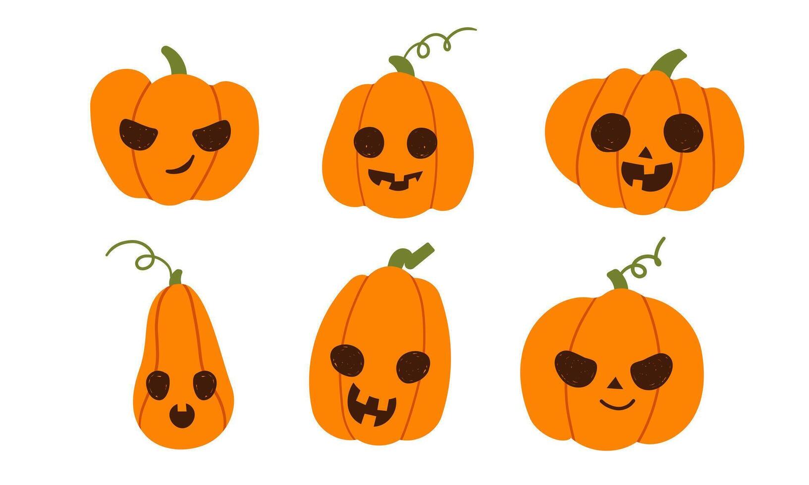 Flat collection of hand drawn contrast scary pumpkins. Spooky design for Halloween isolated on white background. Cute jack o lantern with different face expressions vector