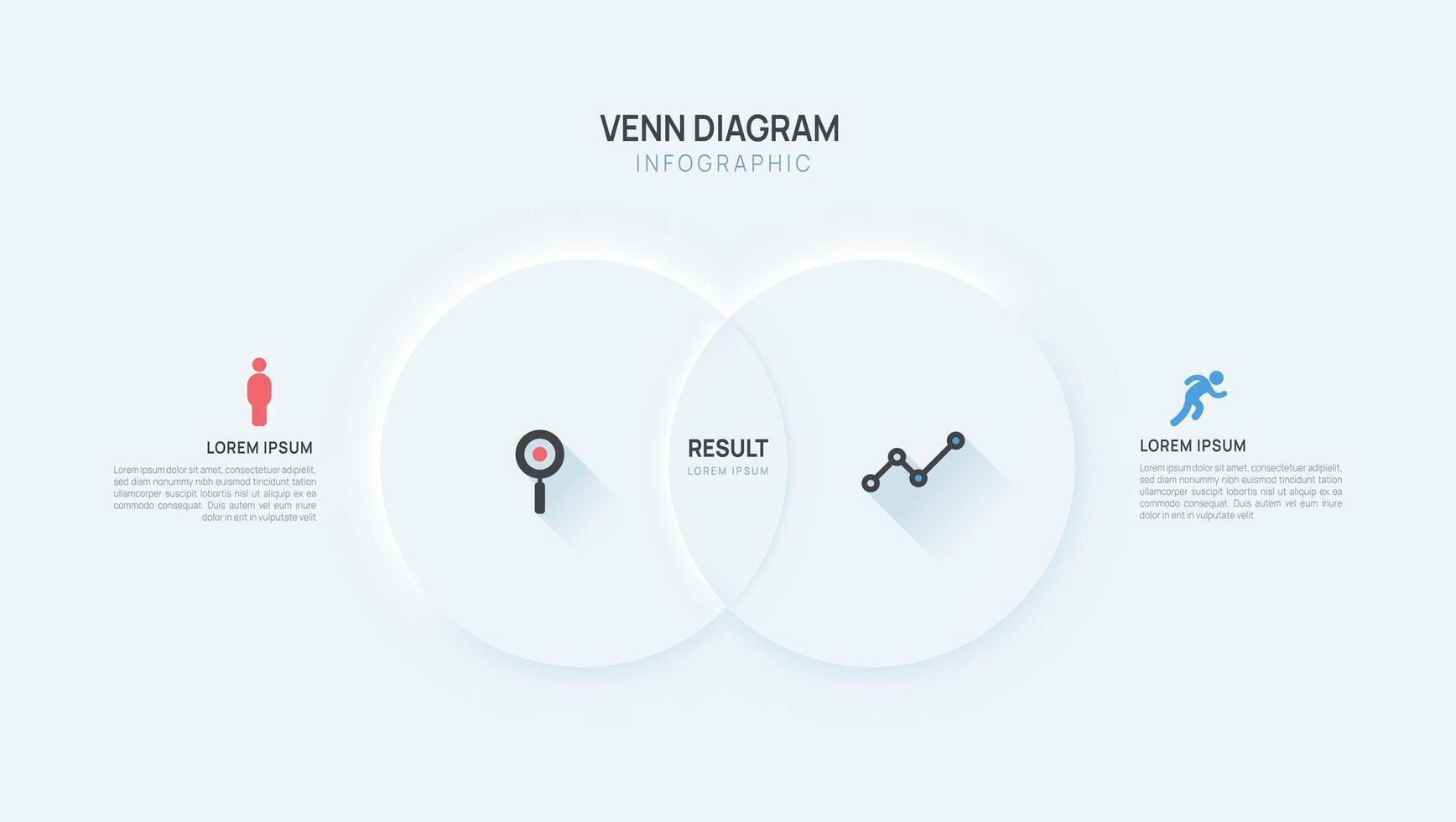Infographic neumorphism Venn diagram chart template for business start up presentation illustration. vector