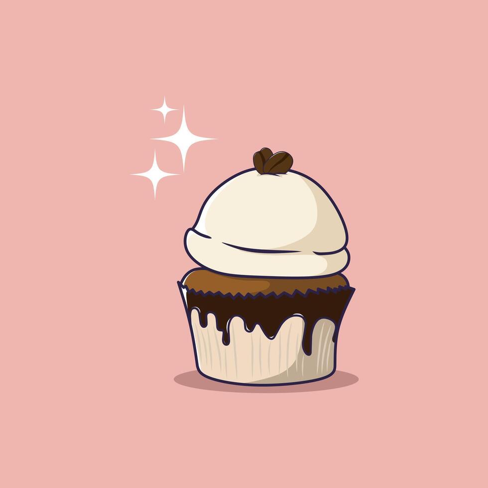 brown cupcake illustration with coffee beans topping. Hand drawing food doodle on pink background. Line art for bakery logo, wedding invitation, print design. vector