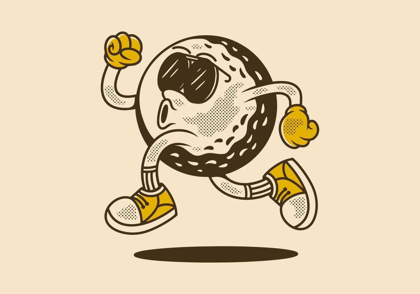Retro character of golf ball in running pose, vintage retro style vector