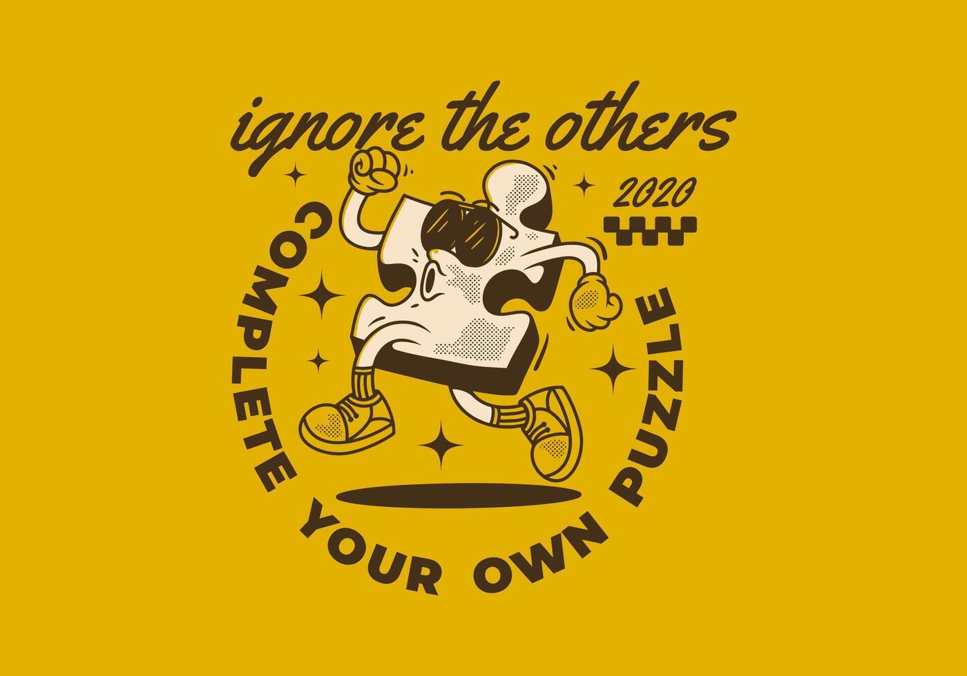 Complete your own puzzle, ignore the others. Mascot character of puzzle in running pose. Yellow background vector