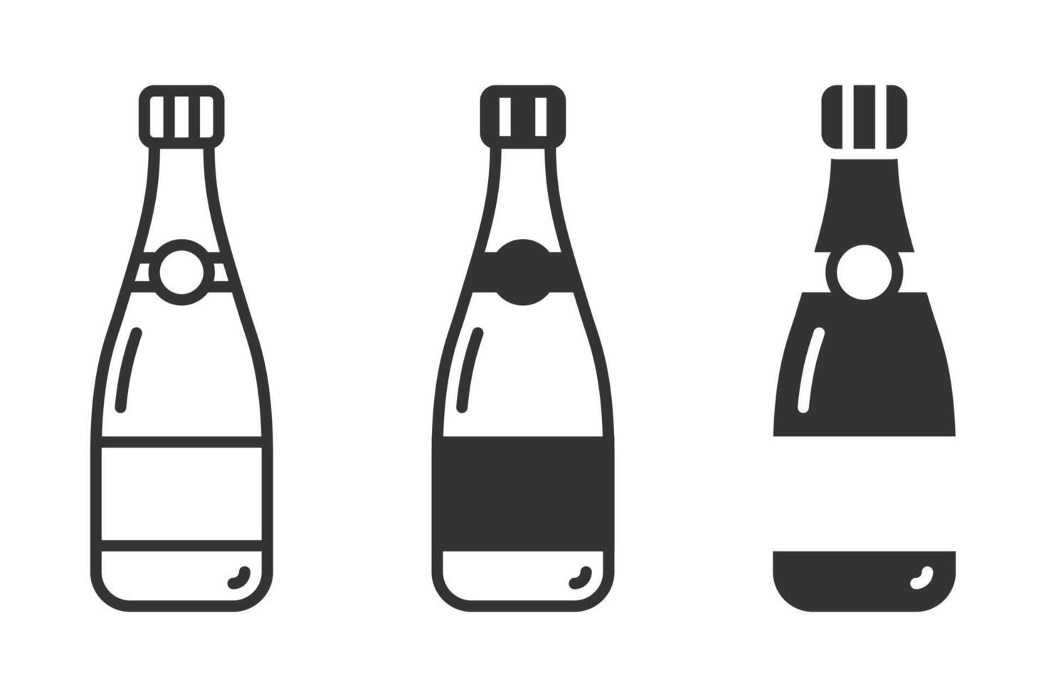 Set of minimalistic icons of champagne bottles in various styles, perfect for celebrations and packaging designs. vector