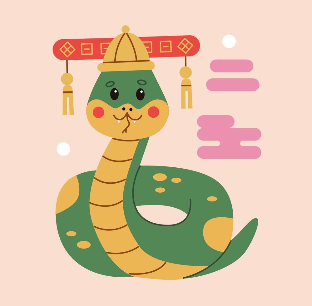 Cute snake illustration in flat style for Year of the Snake 2025, featuring Chinese festive elements and traditional hat. Great for New Year cards, designs, and celebrations in Chinese zodiac style. vector