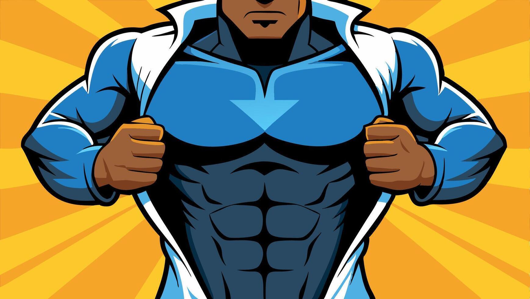 Superhero ripping open shirt to reveal costume underneath vector