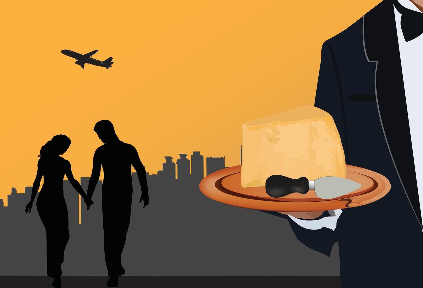 Waiter holding cheese platter with couple walking in background vector