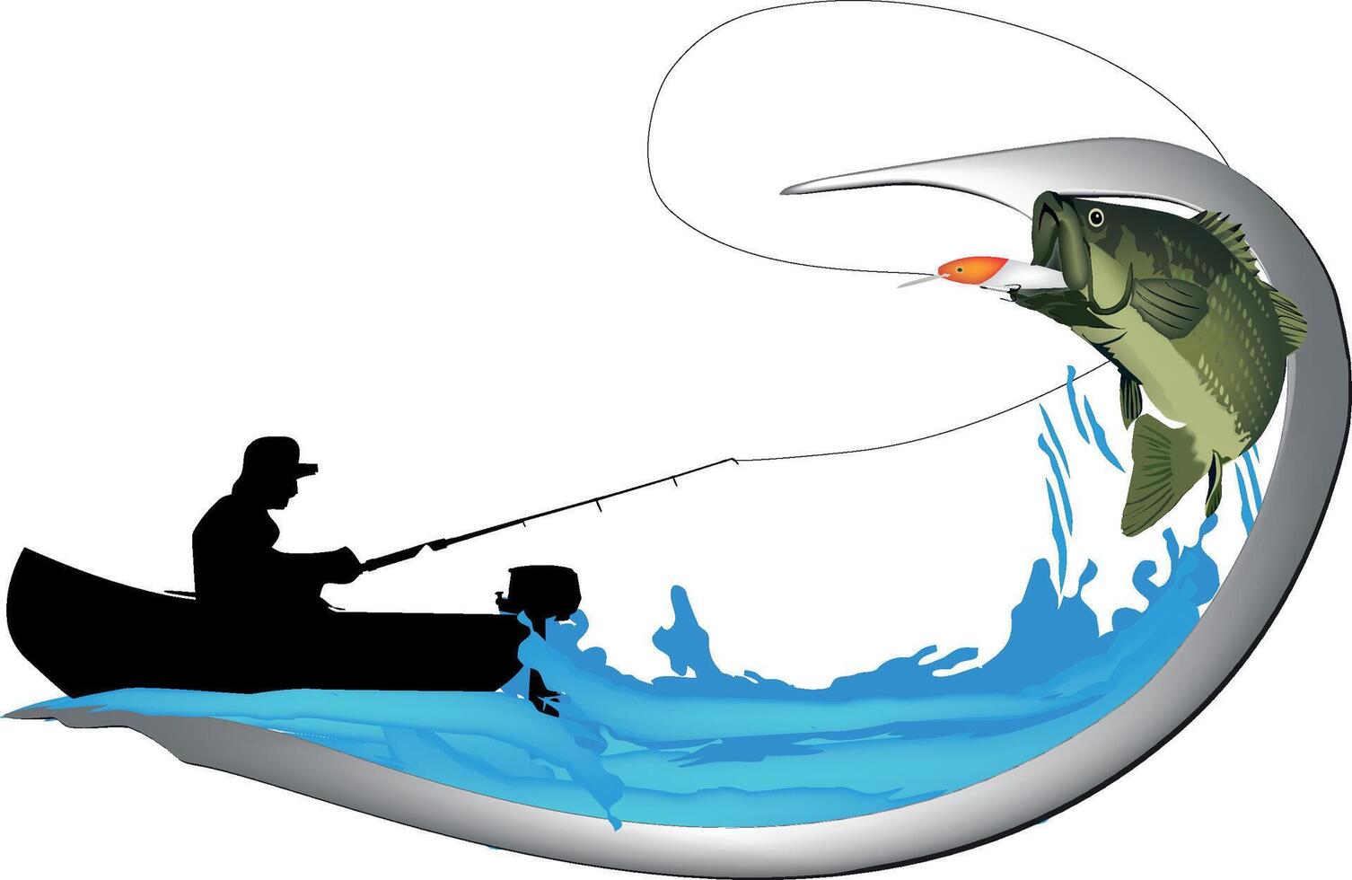 Silhouette of a fisherman reeling in a largemouth bass jumping out of the water vector