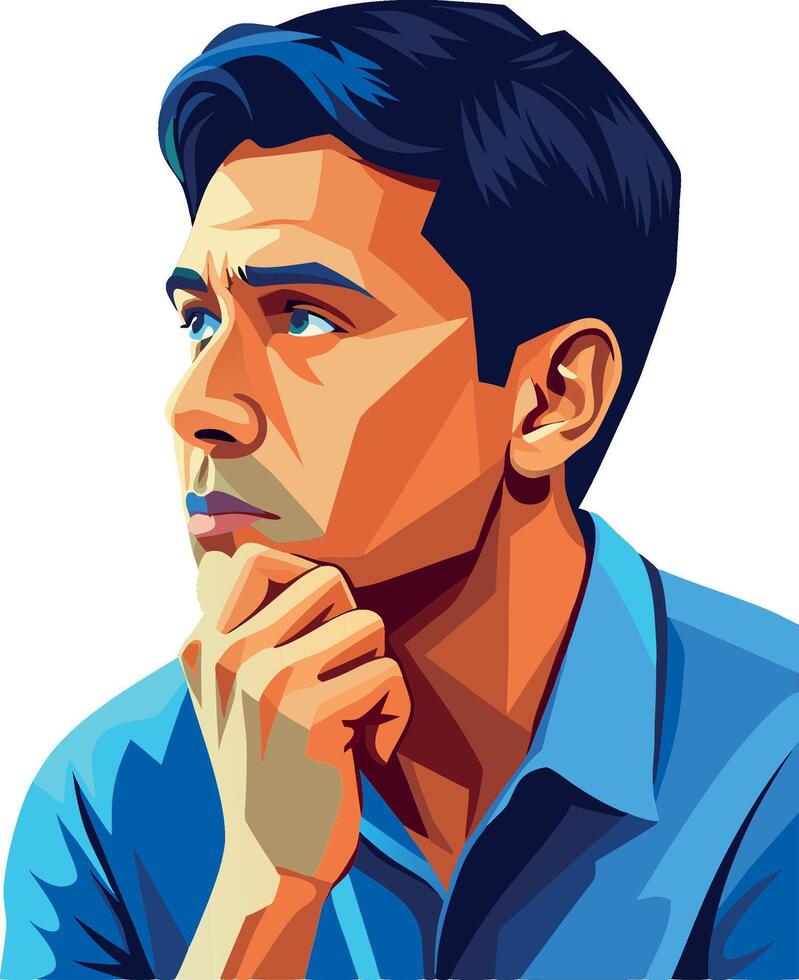Thoughtful man touching chin looking up contemplating decision vector