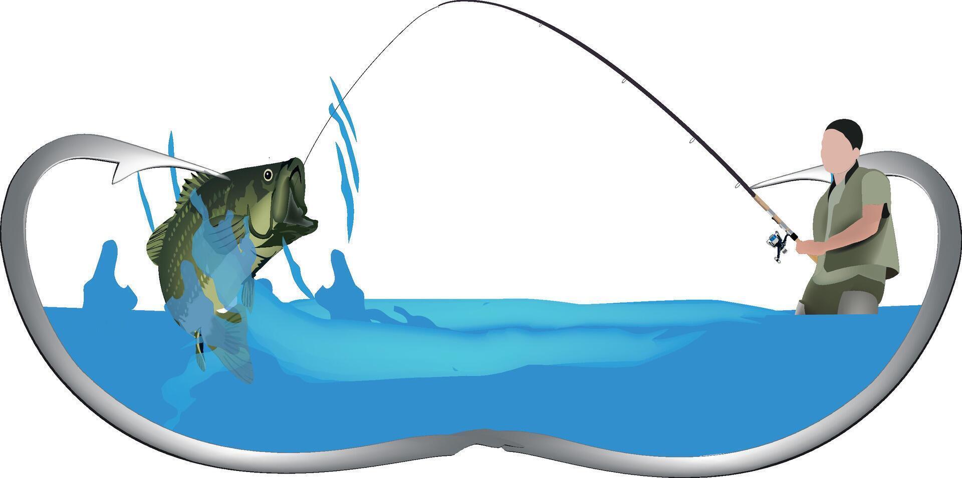 Fisherman catching largemouth bass jumping in big hook illustration vector