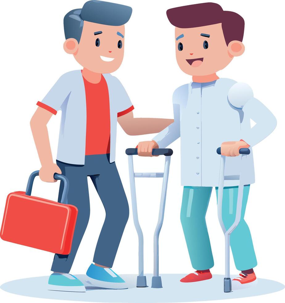 Smiling doctor helping patient walking using crutches vector