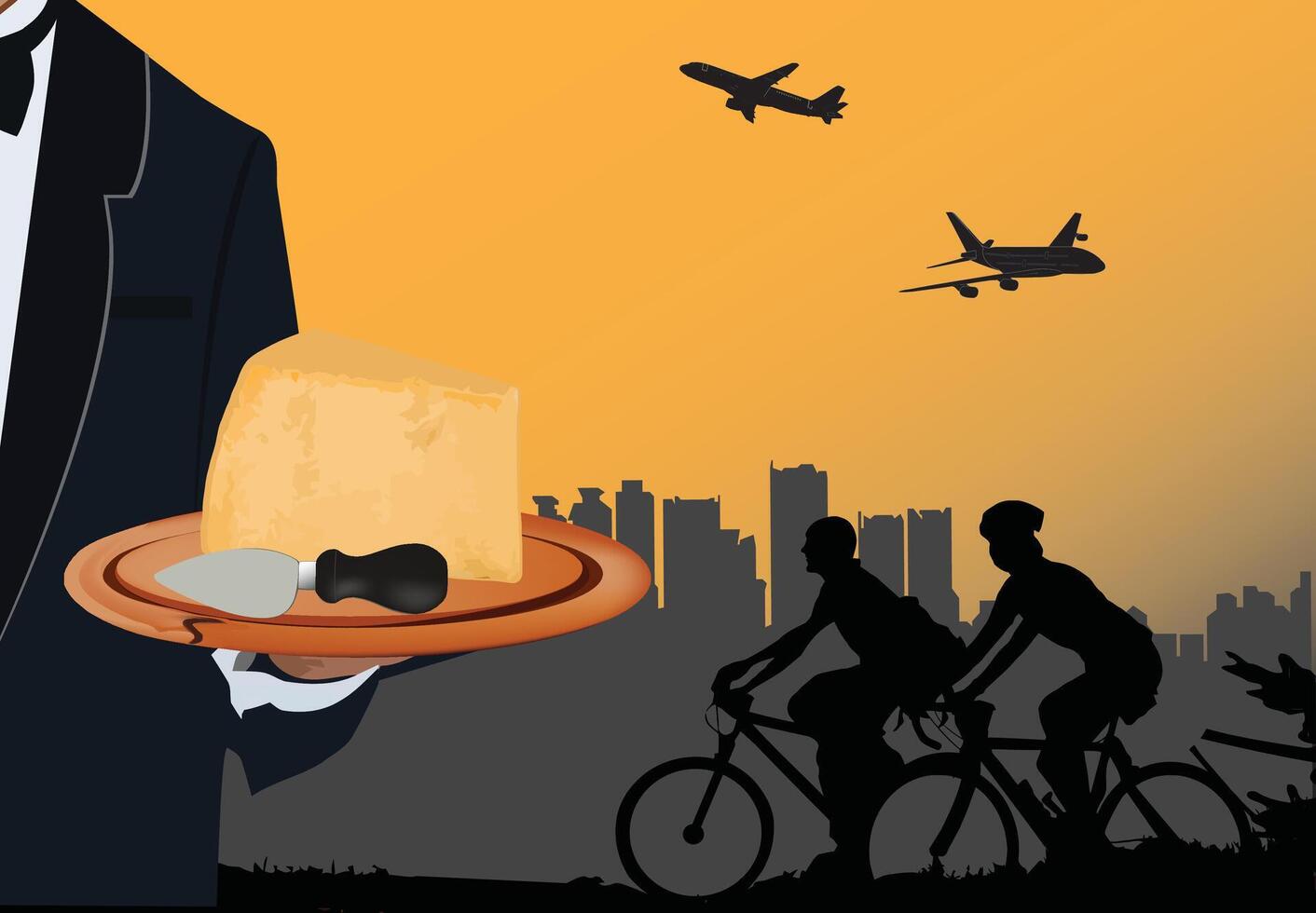 Waiter holding a cheese platter with cyclists and airplanes in the background vector