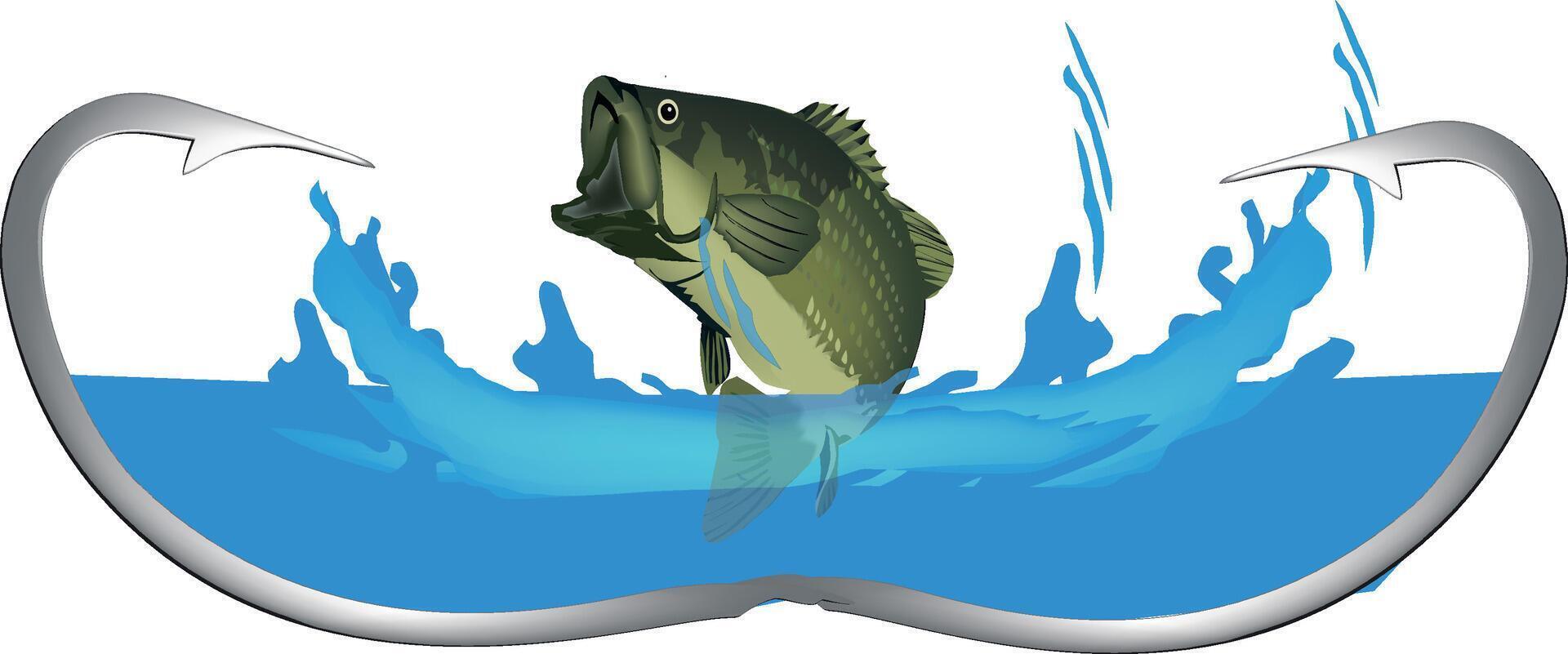 Largemouth bass jumping in front of fishing hook vector