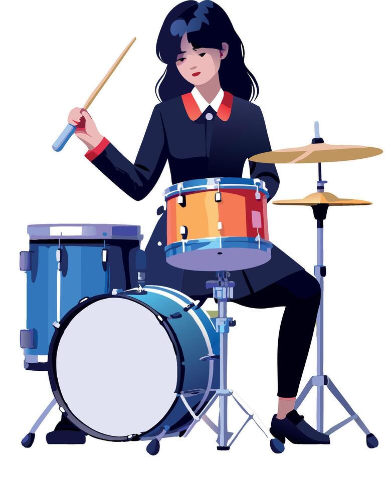 Young female musician playing drums with passion and energy vector