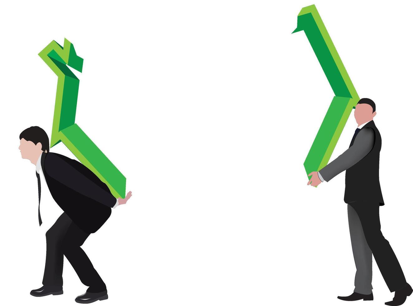 Two businessmen carrying green up and down arrows vector