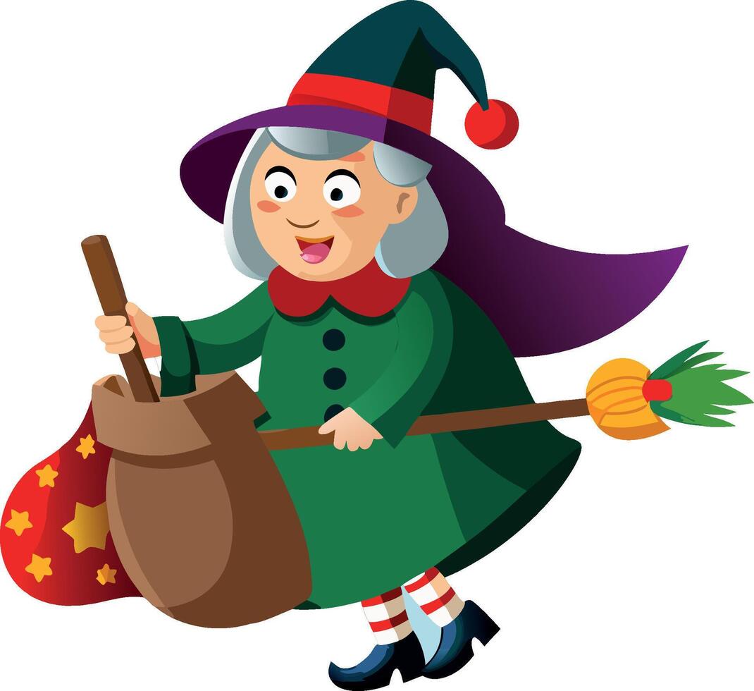 Befana flying on a broomstick holding a bag full of gifts vector