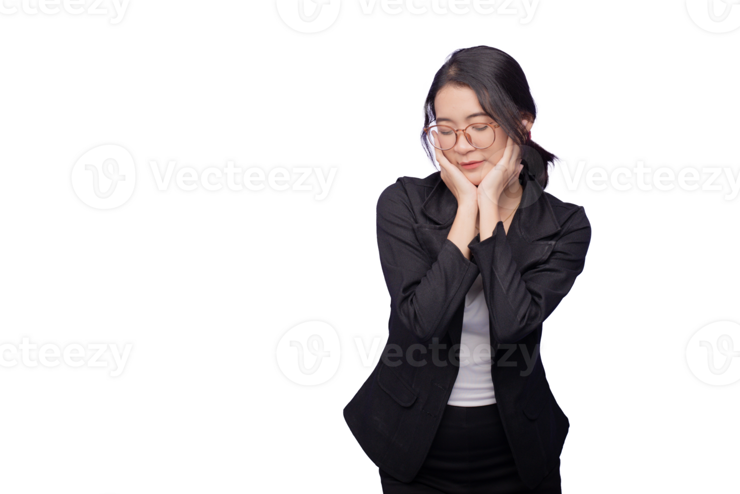 A woman in a business suit is holding her face png