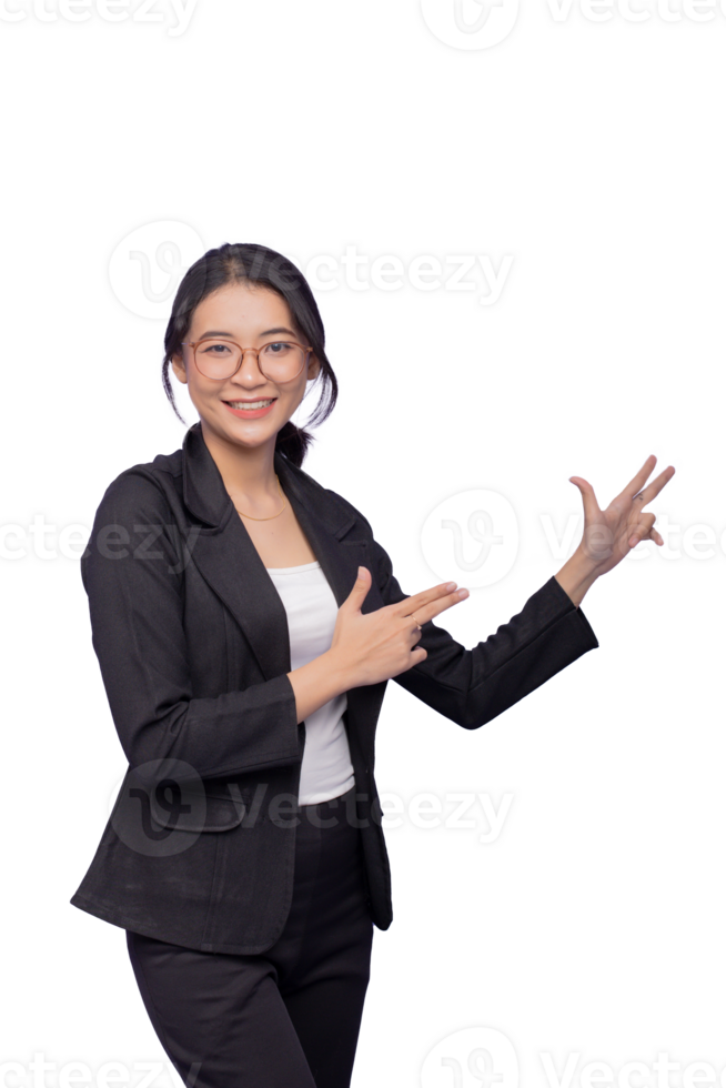 Business woman in suit pointing at something png