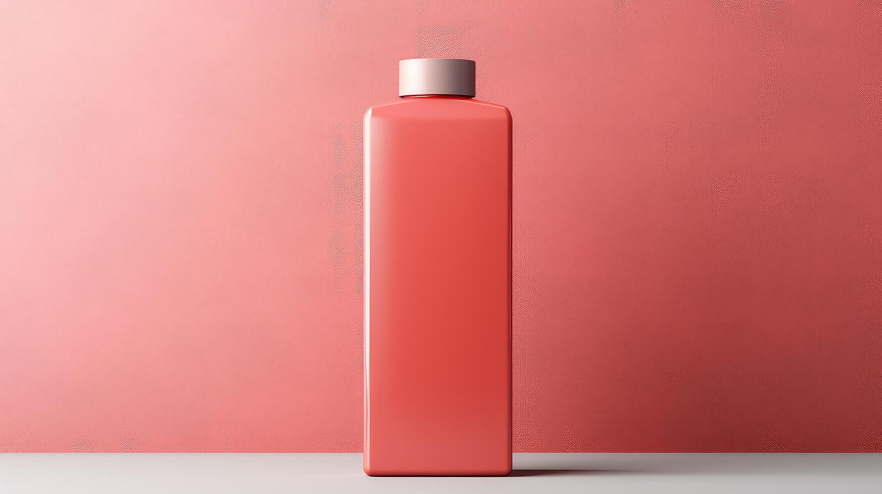 A red container with a white label sits on a pink background photo