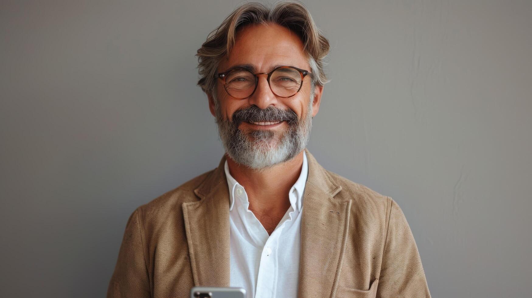 Happy middle aged business man, smiling mature businessman holding mobile phone and credit debit card mockup using banking finance app making online purchase on smartphone isolated on gray background photo