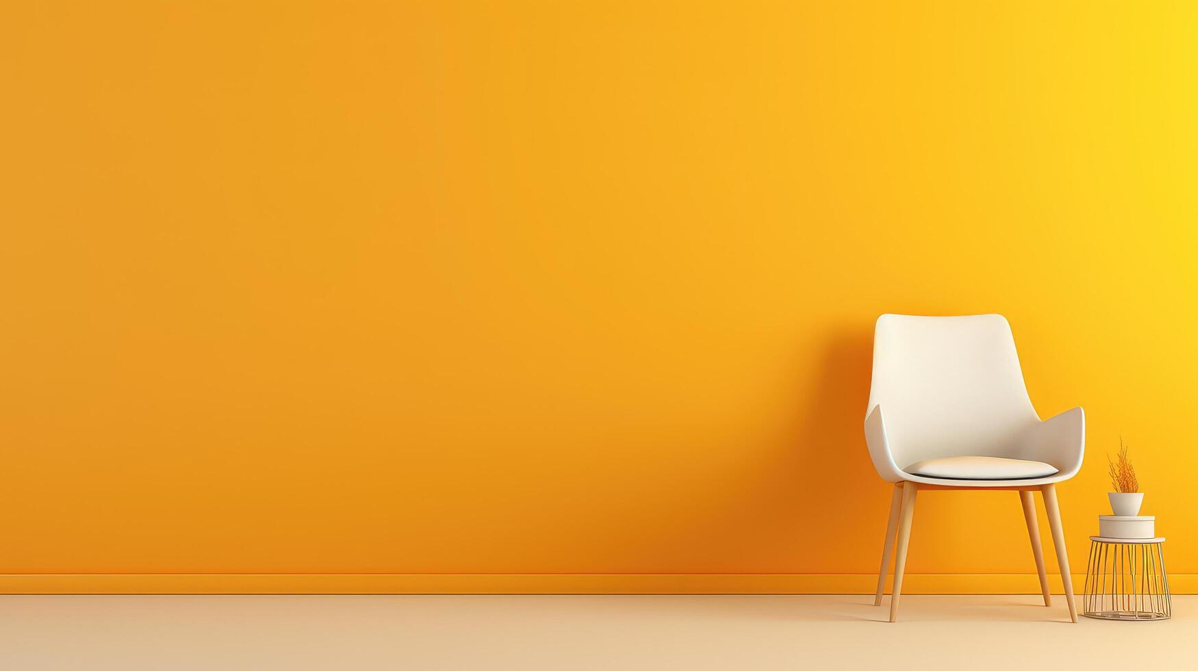 A white chair sits in front of a yellow wall photo