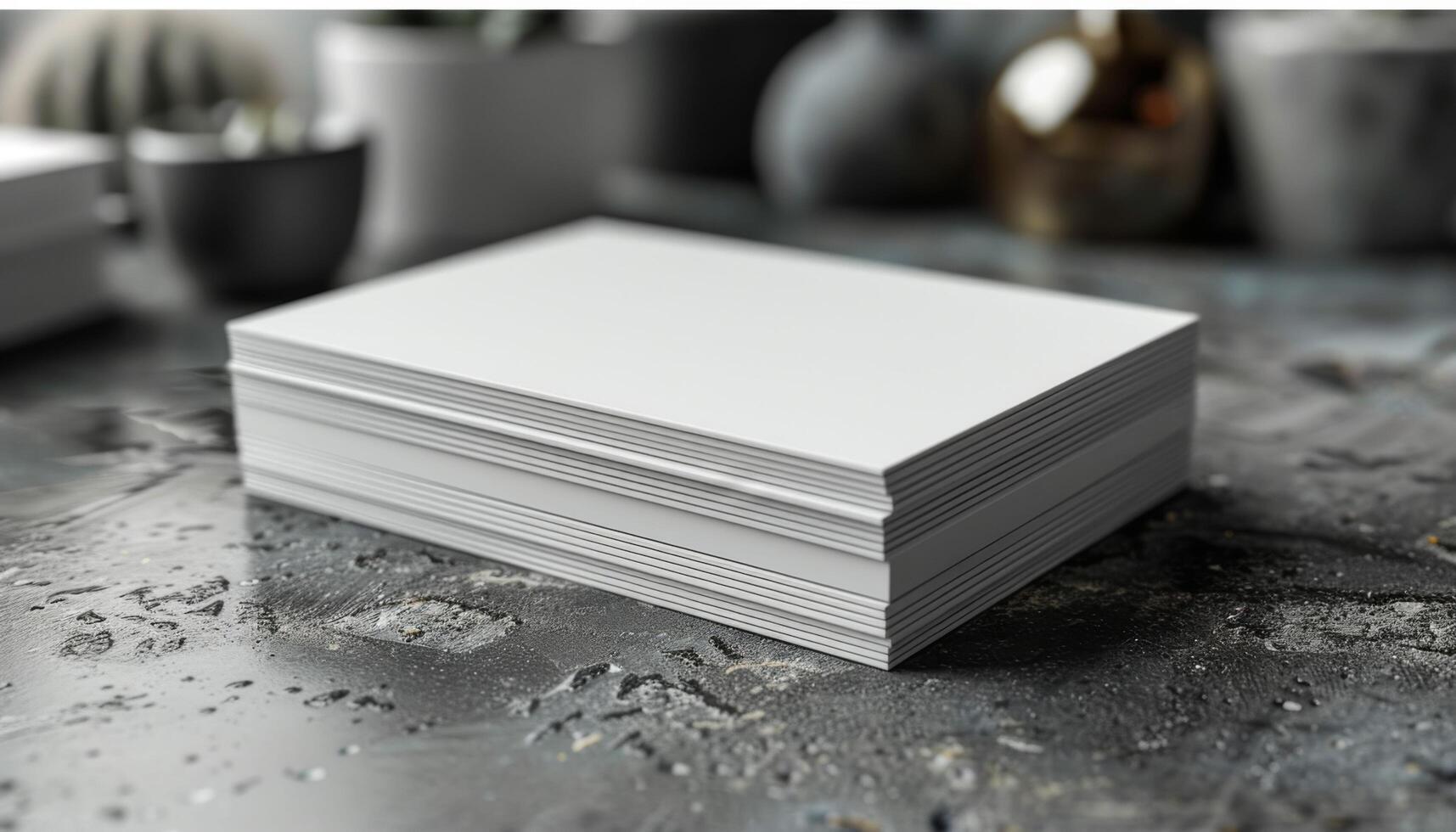A stack of white business cards sits on a grey surface photo