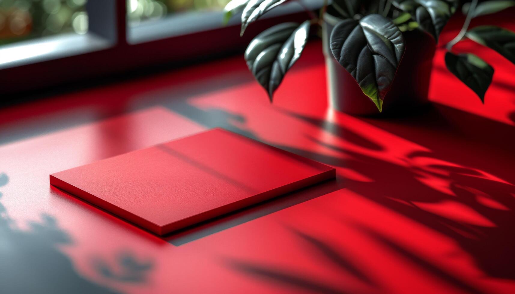 A red table with a potted plant and a red square on it photo