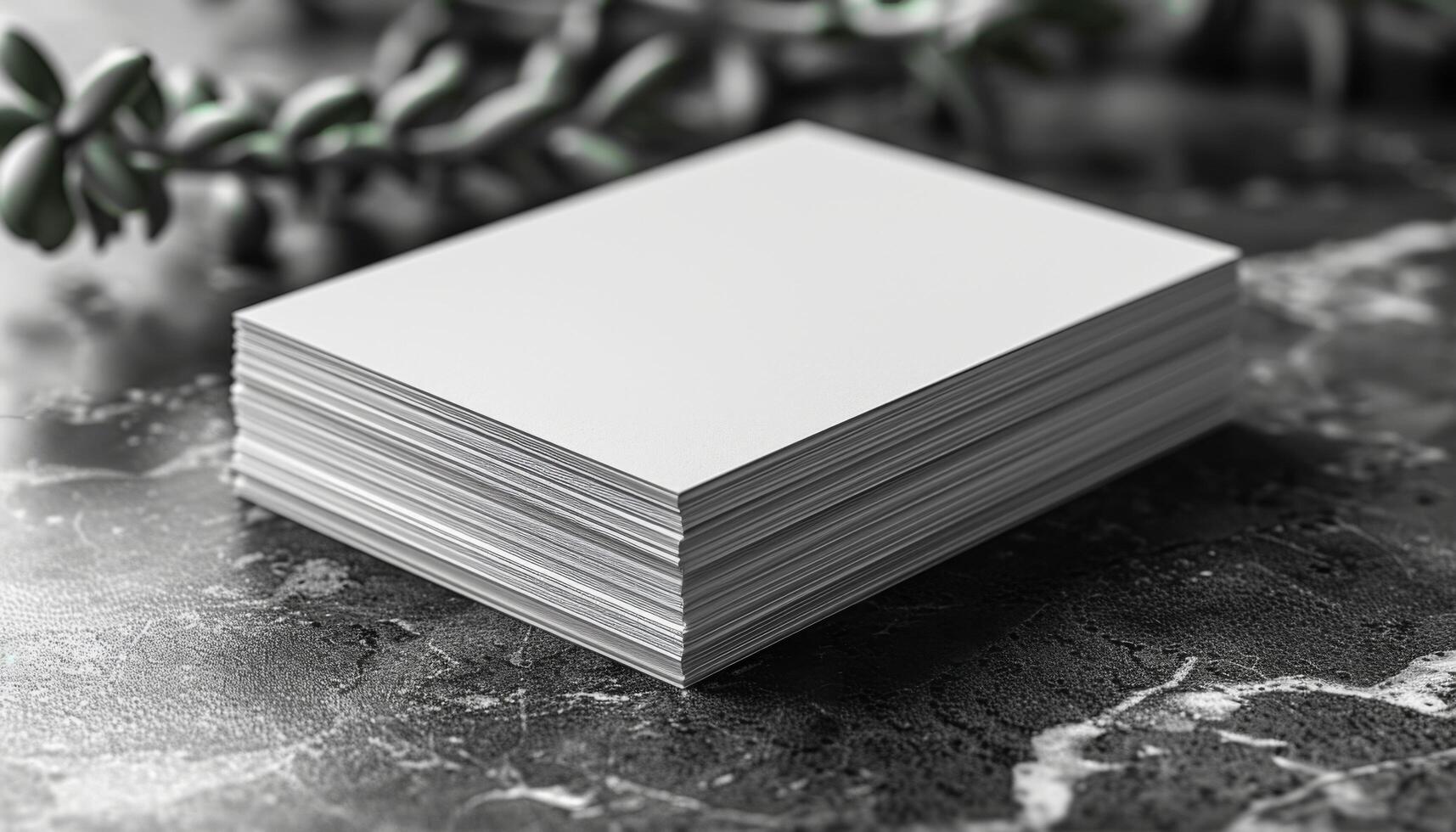 A stack of white business cards sits on a marble countertop photo
