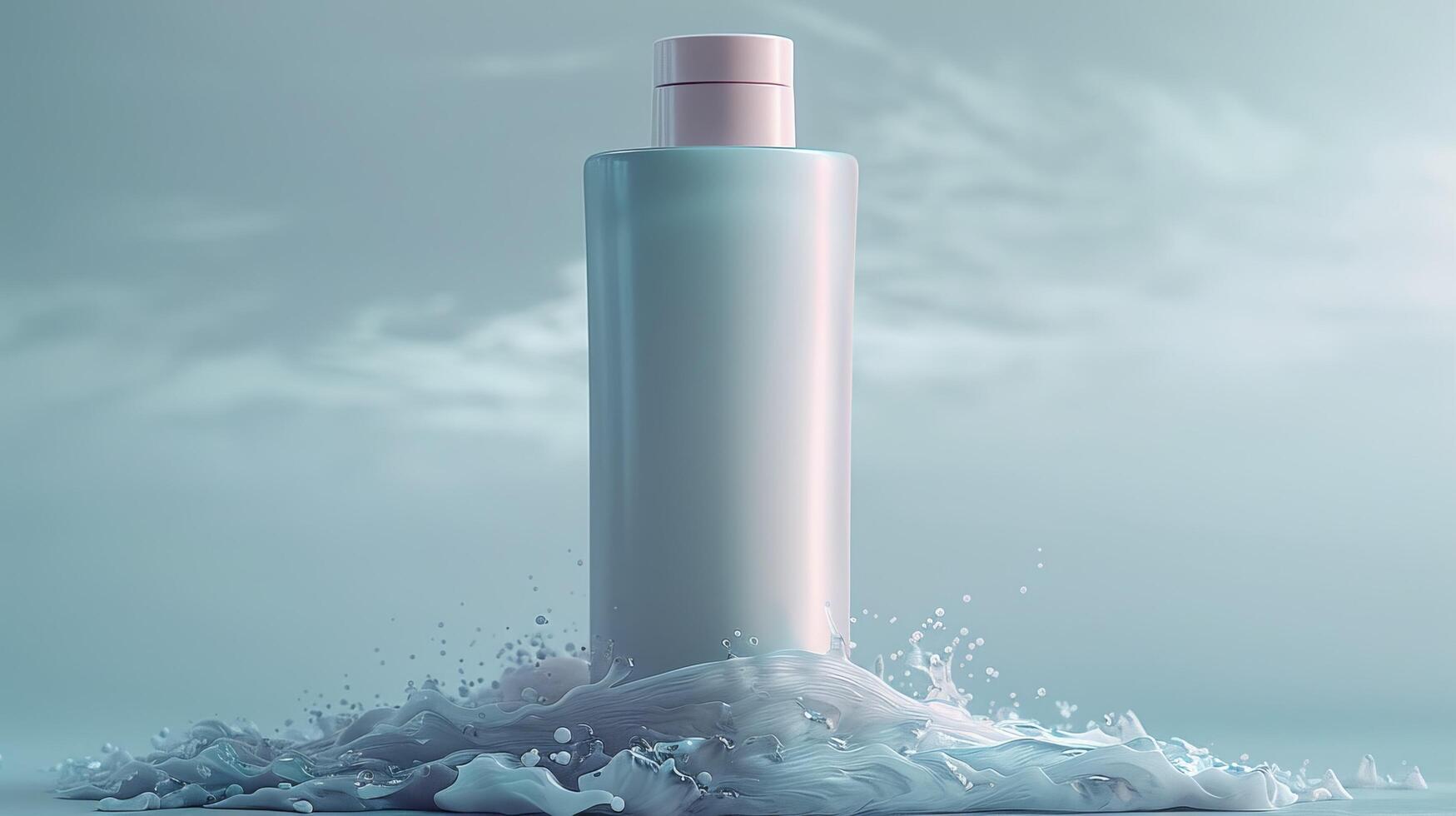 A bottle of lotion is sitting on top of a wave of water photo