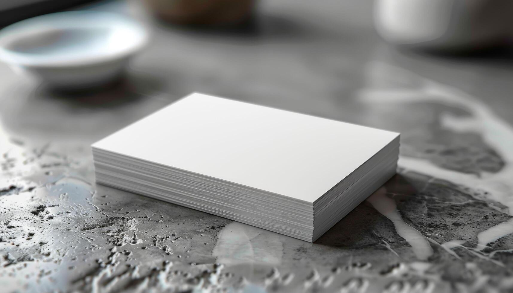 A stack of white business cards sits on a marble countertop photo