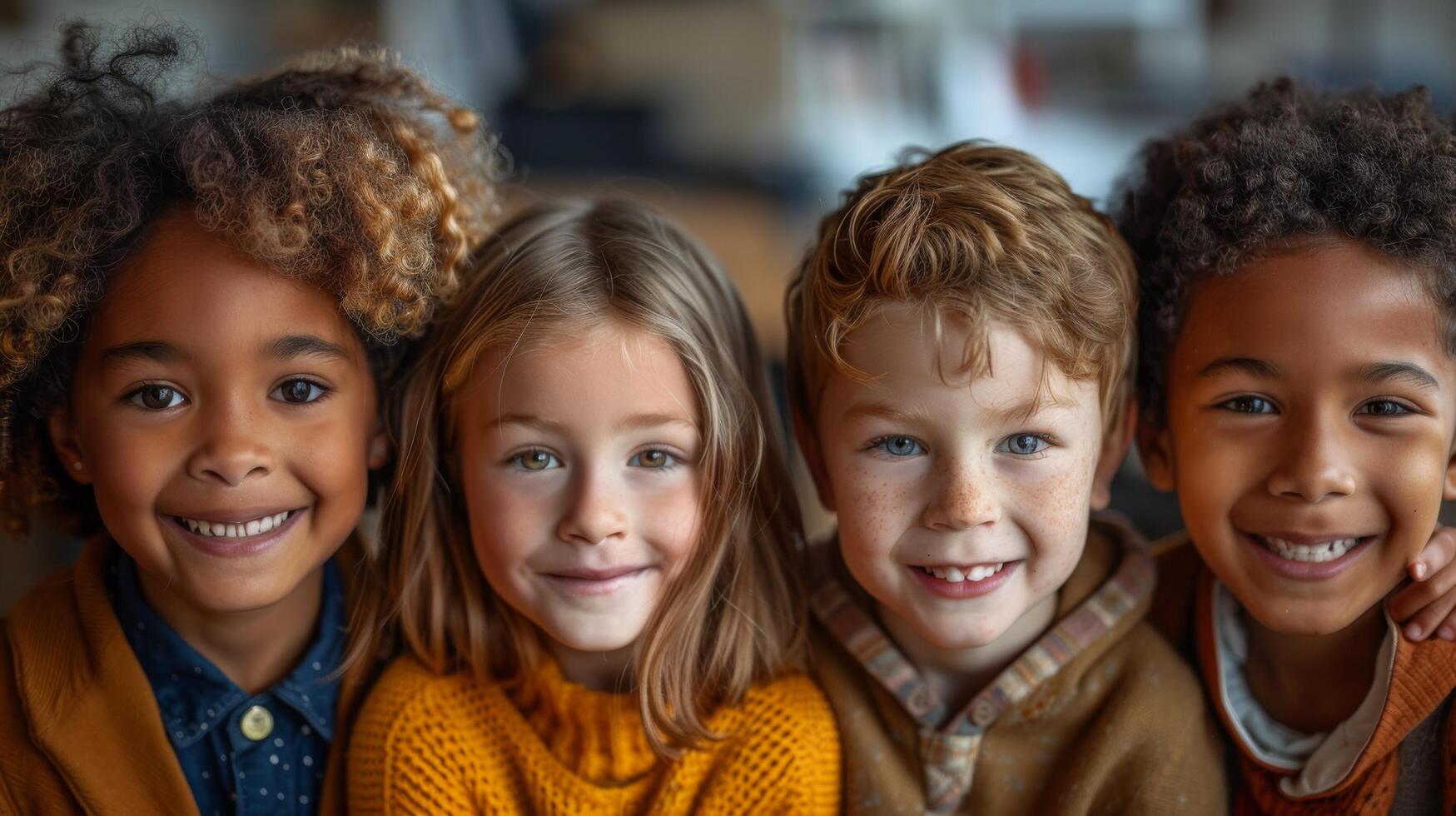 Happy diverse junior school students children group looking at camera standing in classroom. Smiling multiethnic cool kids boys and girls friends posing for group portrait together photo