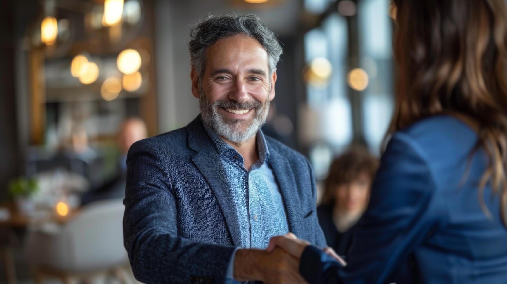 Smiling middle aged business man handshaking partner making partnership collaboration agreement at office meeting, hr manager and new worker shake hands recruiting at job interview. Welcome onboarding photo