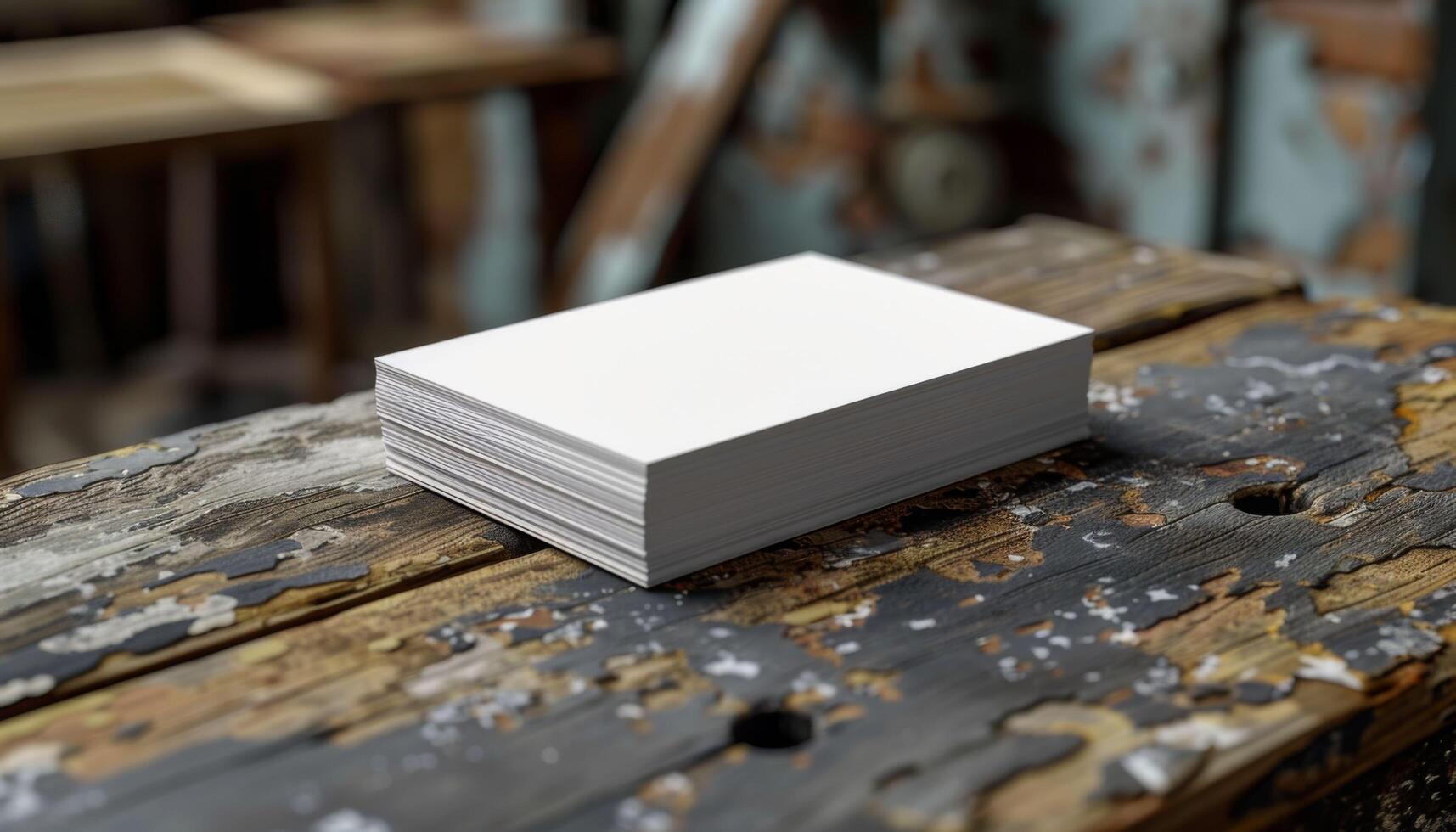 A stack of white paper is on a wooden table photo