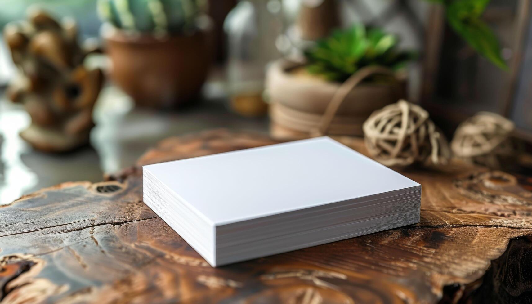 A white box of blank paper sits on a wooden table photo